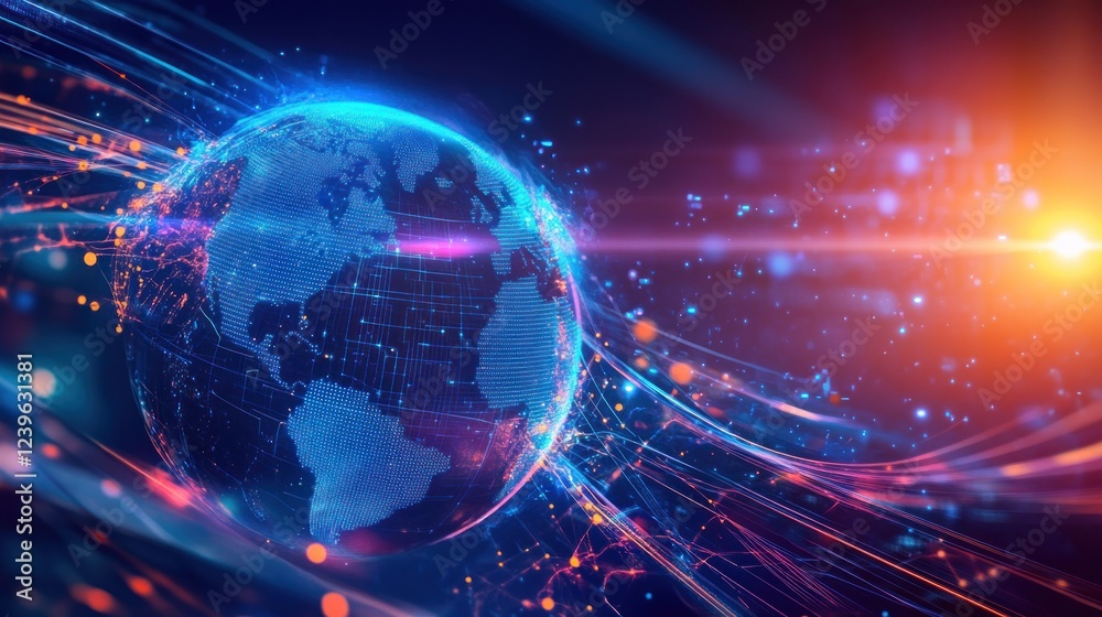 Poster global connectivity with digital data streams illuminating the world map