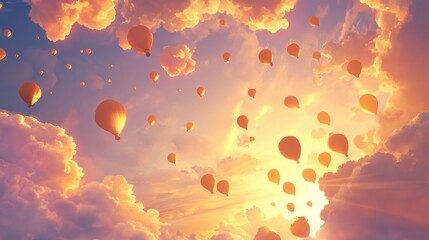 Golden Hot Air Balloons Soaring Through Sunset Clouds