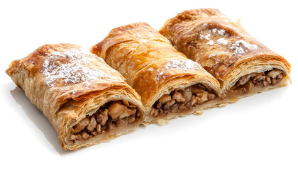 Delicious strudel with tasty filling isolated on white, top view