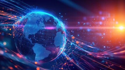 Global connectivity with digital data streams illuminating the world map