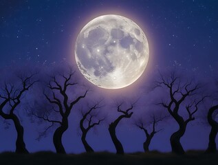 Fototapeta premium Eerie full moon shining over twisted trees, casting long shadows and creating a hauntingly beautiful landscape under the starry night sky
