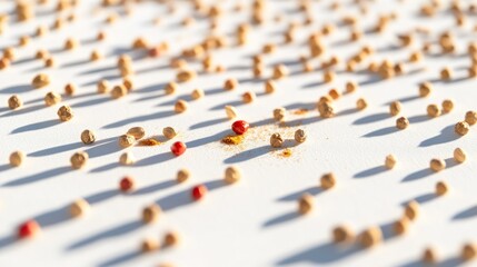 Fototapeta premium Scattered light beige peppercorns with red peppercorns and spice powder on white background.