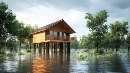 Obraz premium A charming wooden home elevated above floodwaters, surrounded by floating greenery, offering a striking contrast to the rising waters and showcasing nature endurance.