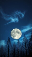 Fototapeta premium Majestic full moon hanging above a dark, barren landscape, surrounded by twisted trees, creating a peaceful yet mysterious nighttime atmosphere