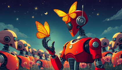 Surreal art of freedom dream life and hope concept idea , happiness imagination artwork, painting, red robot looking at butterfly in group of robots, futuristic illustration isolated with white high