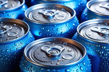 Cold and Refreshing Blue Cans of Water with Water Droplets