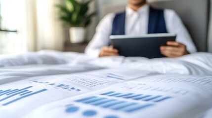 Fototapeta premium Businessman reviewing financial data in bed
