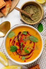 Traditional Turkish Vegan Red Lentil   veggy soup .style rustic