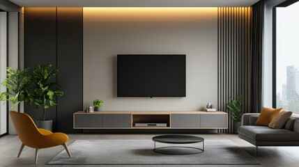 A chic modern living room featuring a two-tone color wall, a minimalist TV cabinet, and a cozy atmosphere perfect for interior design ideas.