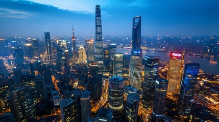 Obraz premium Shanghai's breathtaking skyline at dusk showcasing iconic skyscrapers and Huangpu River