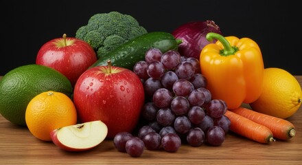 Fresh assorted produce display on wooden surface