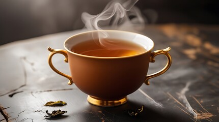 Steaming cup of tea on a rustic wooden table, creating a cozy, warm, and inviting atmosphere perfect for relaxation and comfort

