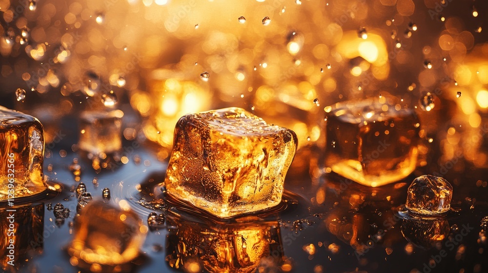 Poster a close-up of melting ice cubes on a glossy surface, with golden whiskey reflecting and water drople