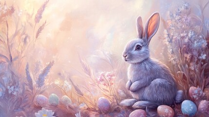 Obraz premium A Gentle Bunny Amidst Spring Flowers and Easter Eggs