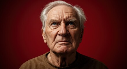 Obraz premium Elderly man with pensive expression against dramatic red background