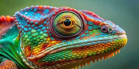 Obraz premium Colorful Chameleon Head Looking Left with Copy Space