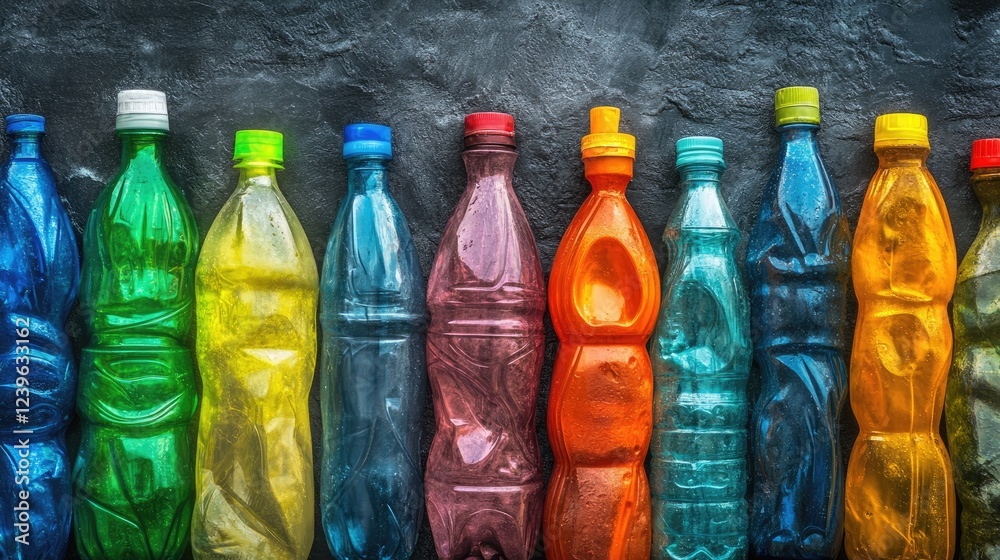 Poster a collection of colorful discarded plastic bottles artistically arranged on a dark textured surface,