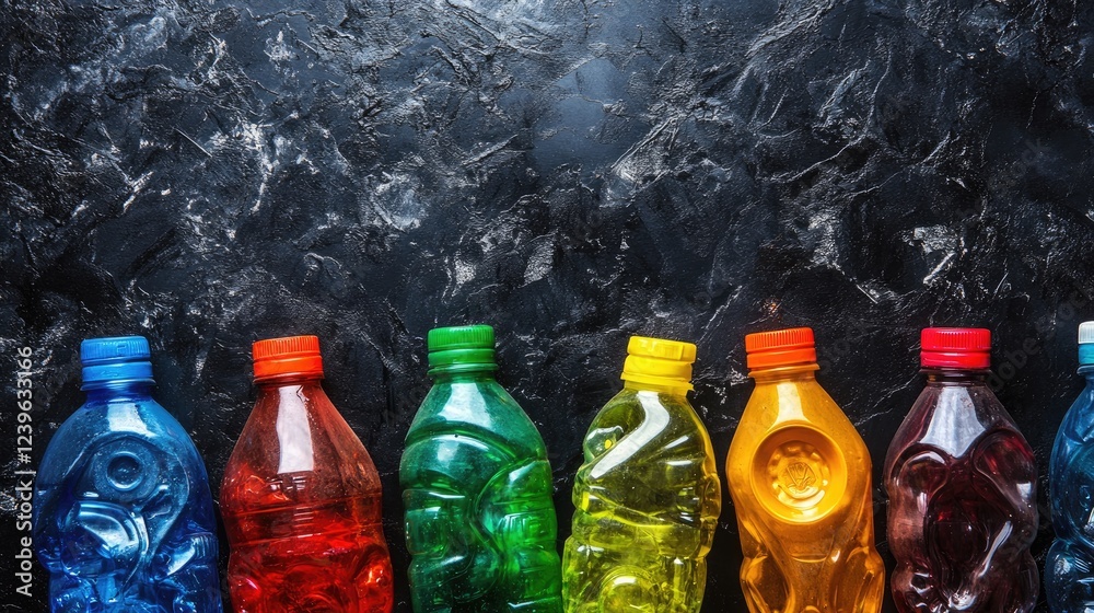 Poster a collection of colorful discarded plastic bottles artistically arranged on a dark textured surface,