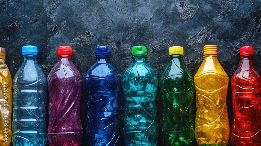 Poster a collection of colorful discarded plastic bottles artistically arranged on a dark textured surface,