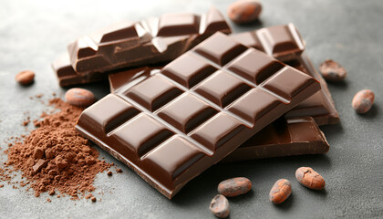 Delicious milk chocolate and cocoa powder on grey table, closeup