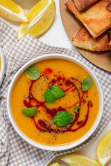 Traditional Turkish Vegan Red Lentil   veggy soup .style rustic