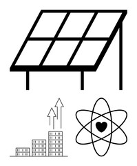Solar panel with increasing growth chart and heart inside atomic structure symbolizing green energy, innovation, and eco-sustainability. Ideal for renewable energy, sustainability, technology