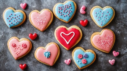 Fototapeta premium A collection of heart-shaped Valentine cookies, topped with vibrant icing and surrounded by small decorative elements for a festive mood.