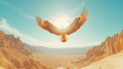 Majestic eagle in flight over vast desert canyon, sun behind it.