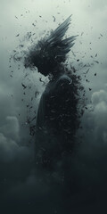 Dark human figure with head dissolving into smoke and golden light, surreal and mysterious atmosphere, evoking dissolution, dream, and transformation.