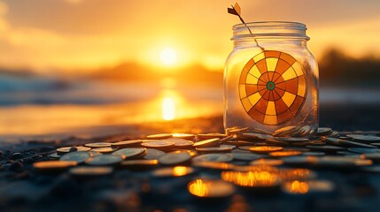 Golden Hour Beach Sunset with Glass Jar Target and Coins