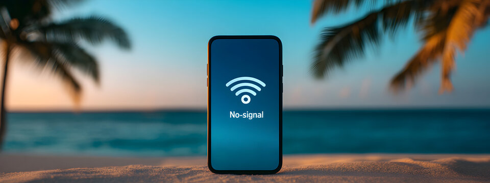 Digital detox, phone lying on sandy beach on ocean background no signal. Concept of internet dependency.