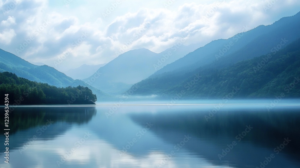 Poster serene mountain lake reflecting clouds and trees in early morning light with a tranquil atmosphere a