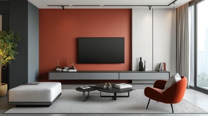 A contemporary living room with a two-tone color wall and sleek TV cabinet, creating an elegant yet minimalistic atmosphere.