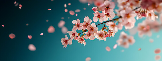 Spring nature, sakura branch with pink flowers on dark turquoise background closeup macro shot. Floral spring banner or greeting card.