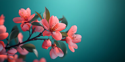 Fototapeta premium Spring nature, sakura branch with pink flowers on dark turquoise background closeup macro shot. Floral spring banner or greeting card.