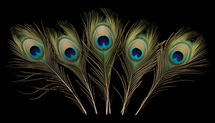 Obraz premium Three beautiful peacock feathers on a black background, close-up