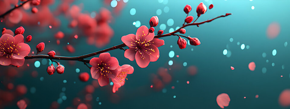 Spring nature, sakura branch with pink flowers on dark turquoise background closeup macro shot. Floral spring banner or greeting card.