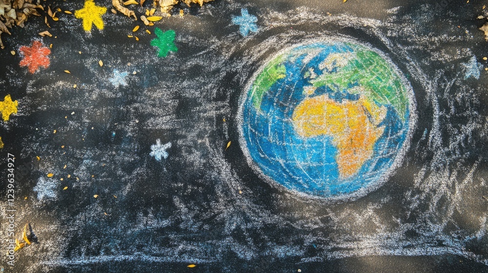 Poster a creative chalk drawing featuring a globe under a protective roof, symbolizing the concept of globa