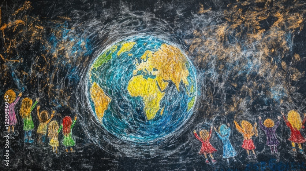 Poster a creative chalk drawing featuring a globe under a protective roof, symbolizing the concept of globa