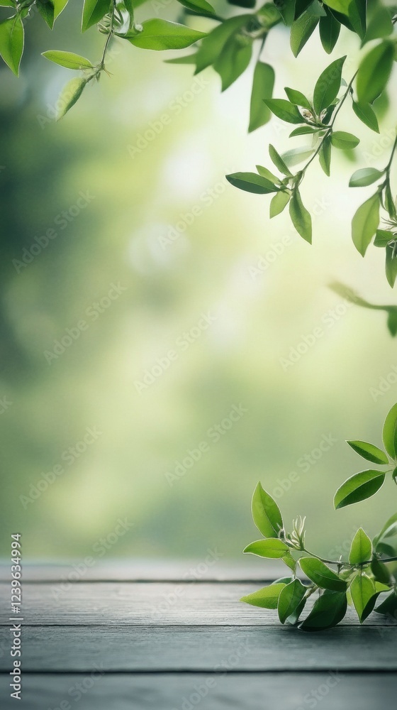 Poster green leaves frame a serene wooden table under natural light with a blurred background during daytim