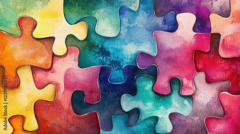 Poster a creative puzzle piece design in fluid watercolor patterns, symbolizing integration and diversity, 