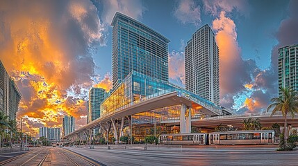 Fototapeta premium Vibrant sunrise over modern city skyline with elevated walkway and light rail transit.