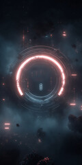 Futuristic neon ring portal floating in a dark stormy sky with glowing red accents. Sci-fi landscape with mysterious circular gateway amid dramatic clouds.
