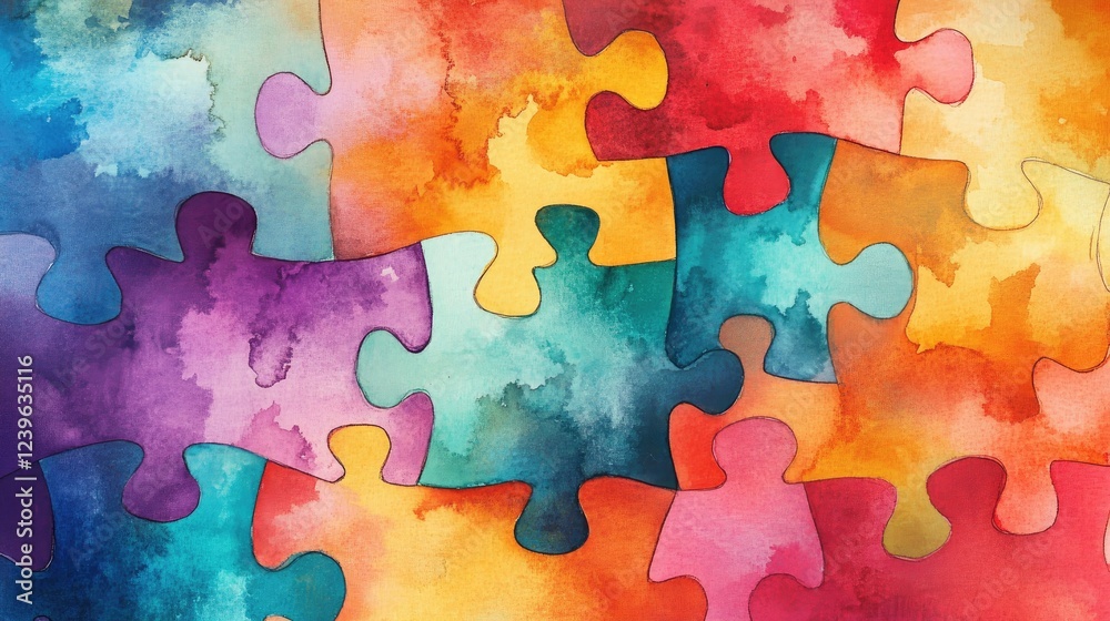 Poster a creative puzzle piece design in fluid watercolor patterns, symbolizing integration and diversity, 