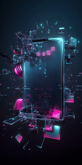 Abstract deconstructed smartphone with floating neon elements in cyberpunk style. Futuristic 3D visualization with pink and blue technological components