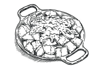 hand drawn illustration of a spanish food, tapes, tapas, potatoes with spicy sauce