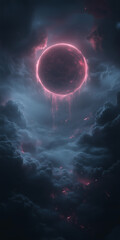 Futuristic neon ring portal floating in a dark stormy sky with glowing red accents. Sci-fi landscape with mysterious circular gateway amid dramatic clouds.