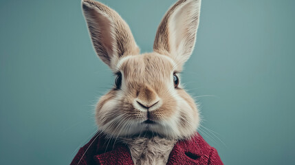 Fototapeta premium Distinguished rabbit solemnly posing in refined red jacket against elegant teal background