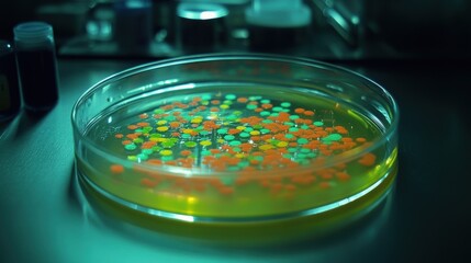 A closeup of a petri dish containing colonies of engineered microorganisms exhibiting distinct colorations due to genetic modifications. The dish is positioned on a sterile surface
