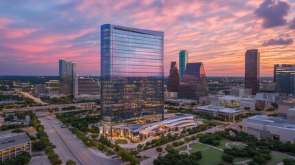 Obraz premium Modern Skyscraper Cityscape at Sunset Over Texas